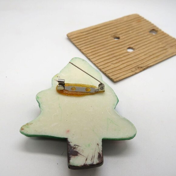 Christmas Tree Brooch 2.5" Lucite Pin Hand Painted Ornaments Safety Clasp New - Picture 5 of 6